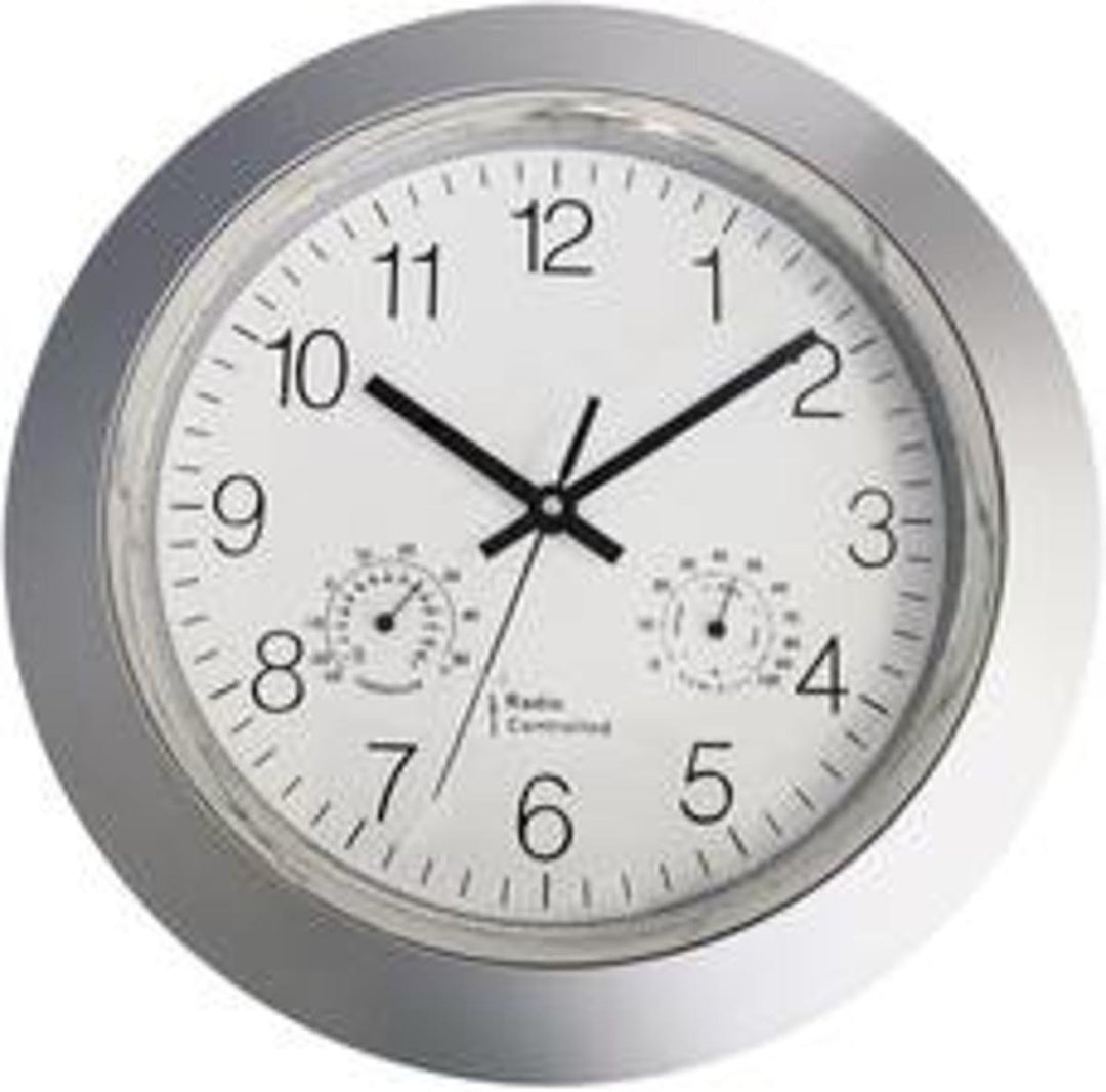 Eurotime Funk-Wanduhr Uhr mit Thermometer Wanduhr Uhr Hygrometer Analog Silber