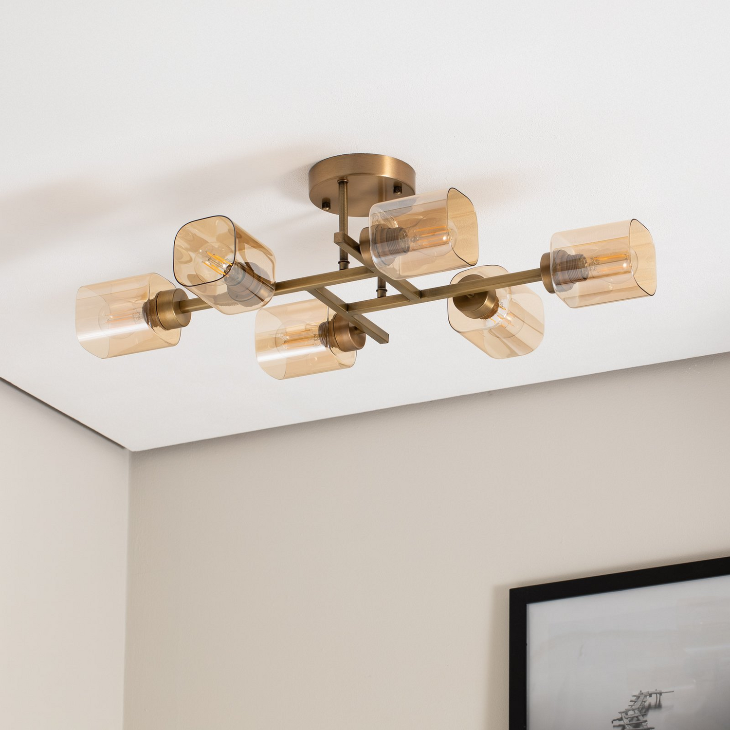 Avonni Deckenlampe Horia Leuchte Antikgold Amber 80x40 Cm Glas Metall 6 Flg      B-Ware - 8698957170291