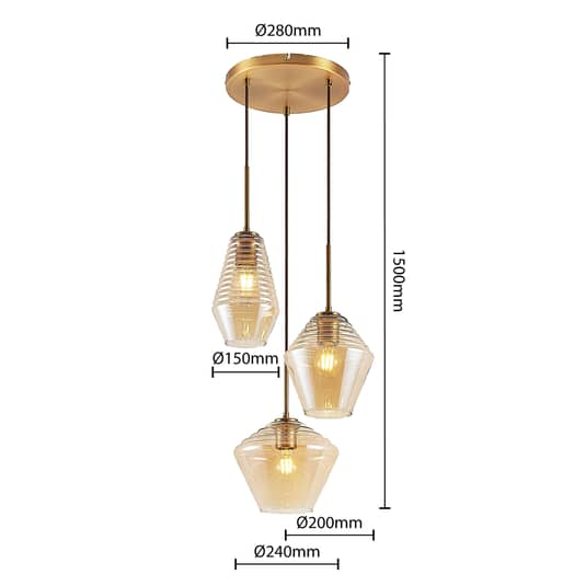 Lindby Ekkis Pendellampe Pendelleuchte Lampe Leuchte 3-fl. rund amber 15W LED
