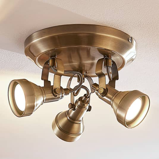Lindby Perseas GU10-LED-Deckenrondell Lampe Leuchte Deckenlampe 3-fl. altmessing