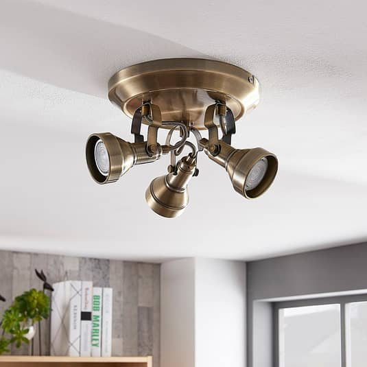 Lindby Perseas GU10-LED-Deckenrondell Lampe Leuchte Deckenlampe 3-fl. altmessing