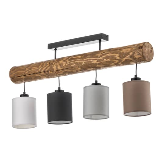 Euluna Deckenlampe Sachiko Holzbalken vier Stoffschirme Deko-Deckenleuchte E27