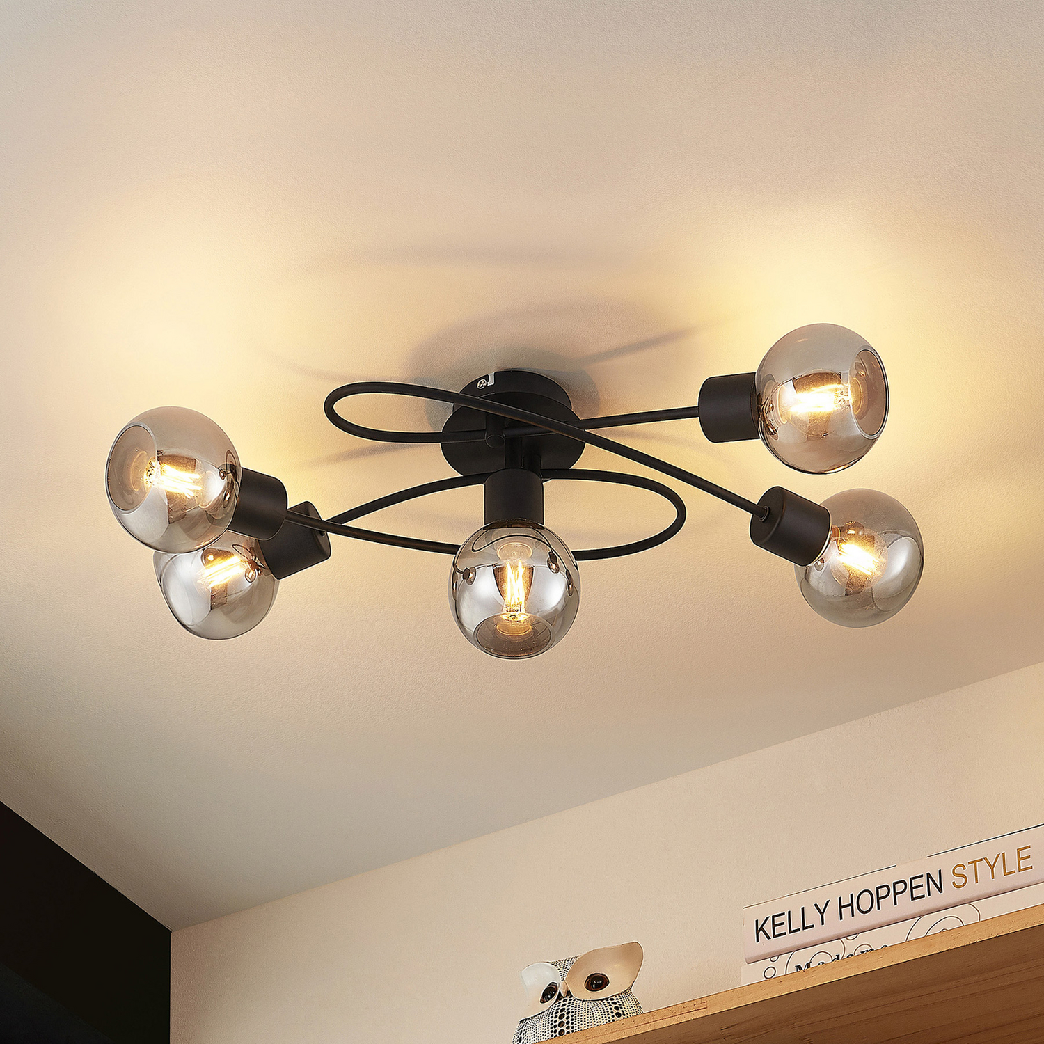 Suspension Lindby Elaina de qualité B, ampoule E14, 5 lumières, noir/fumé
