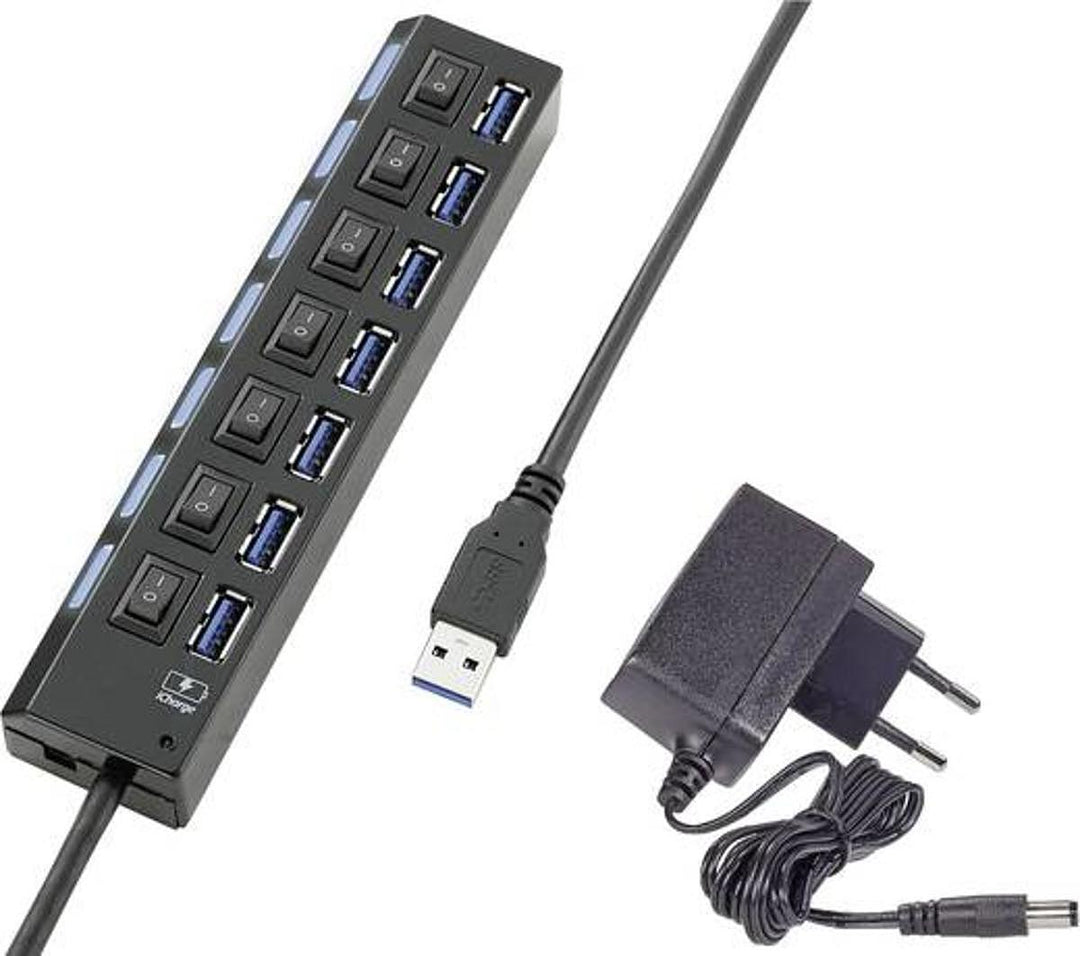 Renkforce 7 Port USB 3.0-Hub einzeln schaltbar Status-LEDs iPad-Ladeport Schwarz