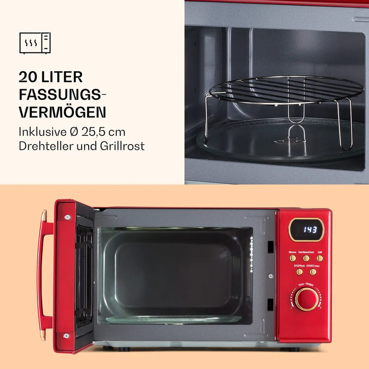 Klarstein Mikrowelle Grill 800 Watt Klein 20 Liter mit Auftau Pizzafunktion Rot