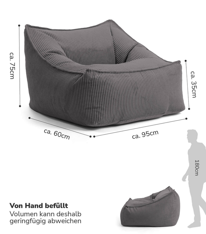 mokebo Der Lümmel Sitzsack Sessel Cord  XXL Sitz Sessel Relaxsessel Anthrazit