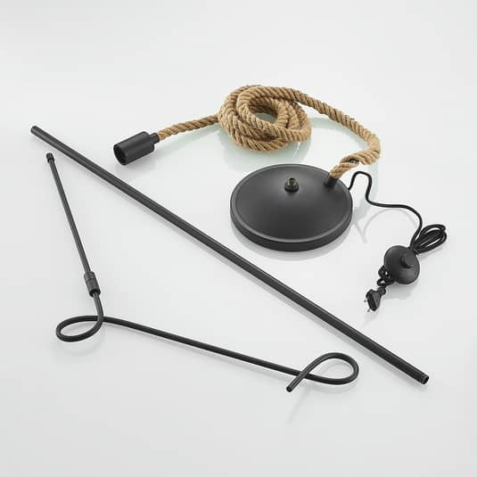 Lampadaire Lucande Ropina, corde de chanvre, E27, noir/marron