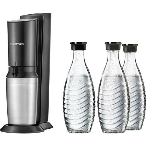 SodaStream Crystal 2 schwarz Wassersprudler 3 Glaskaraffen Zylinder DEFEKTWARE