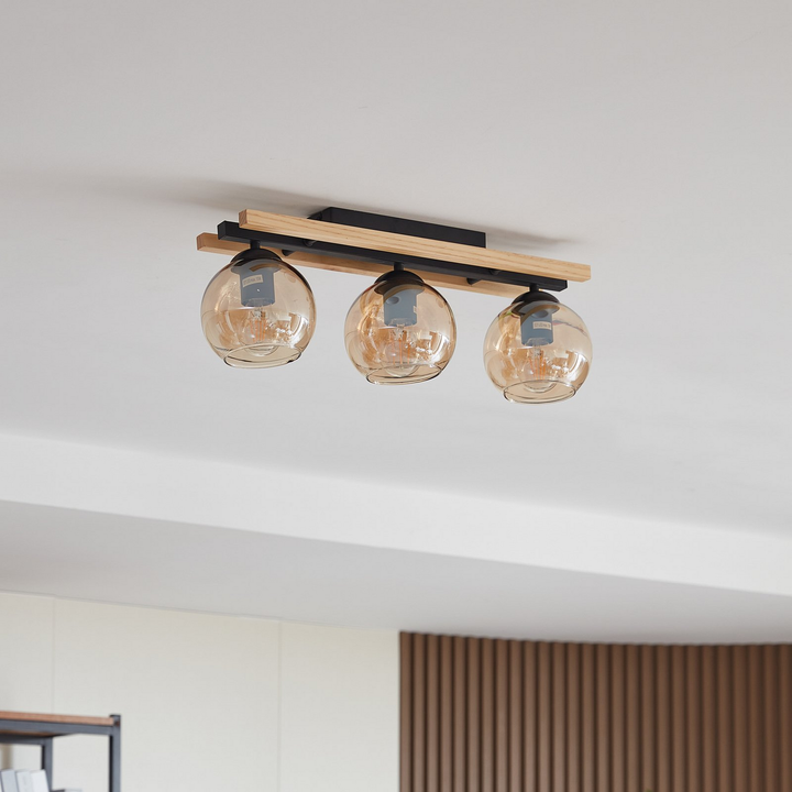 Lindby Deckenleuchte Maite Holz Glas 60 cm lang Deckenlampe Leuchte Lampe Spot