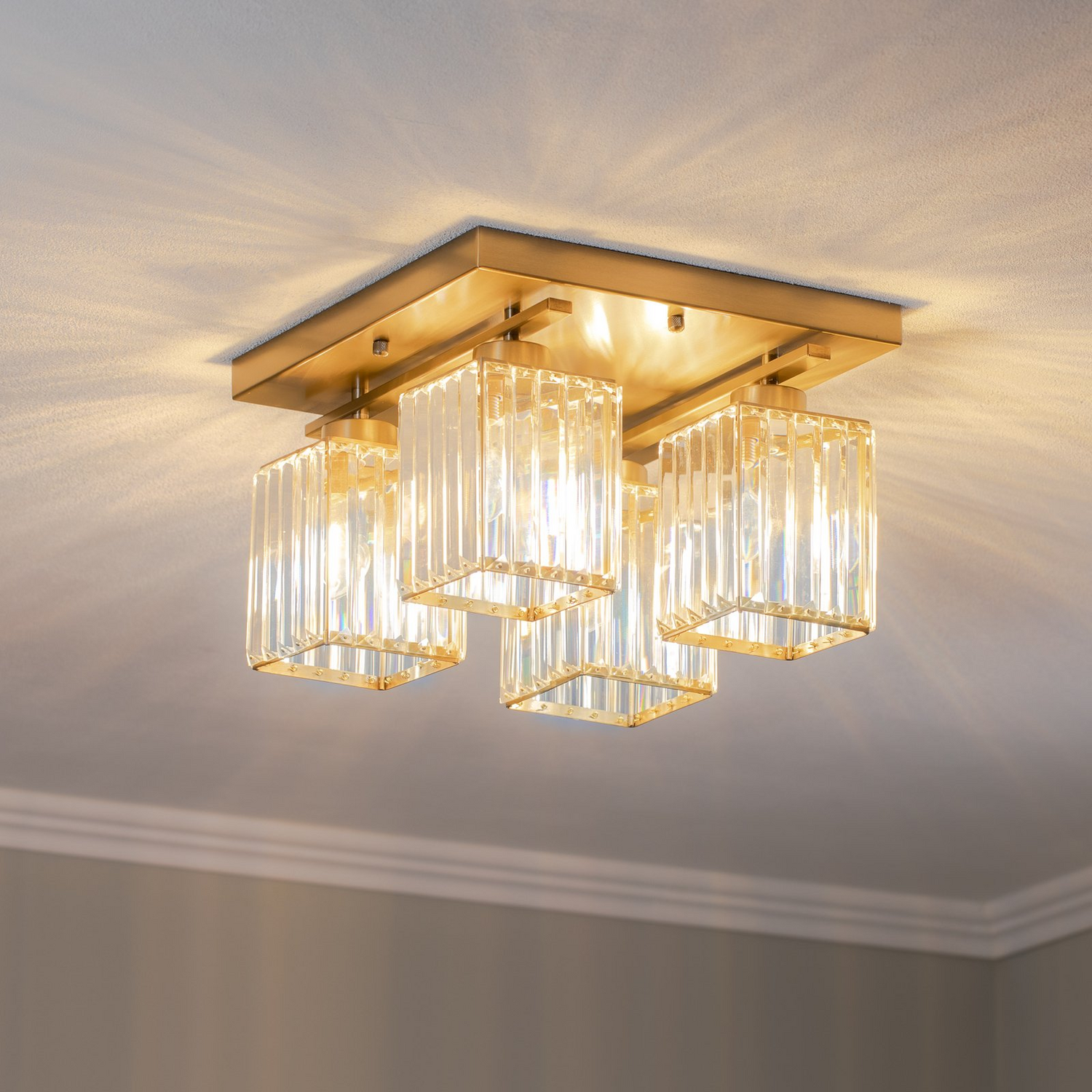 B-Ware Deckenlampe Leuchte Antikgold Eisen Kristallglas Beleuchtung Quadrat Lampe Spot