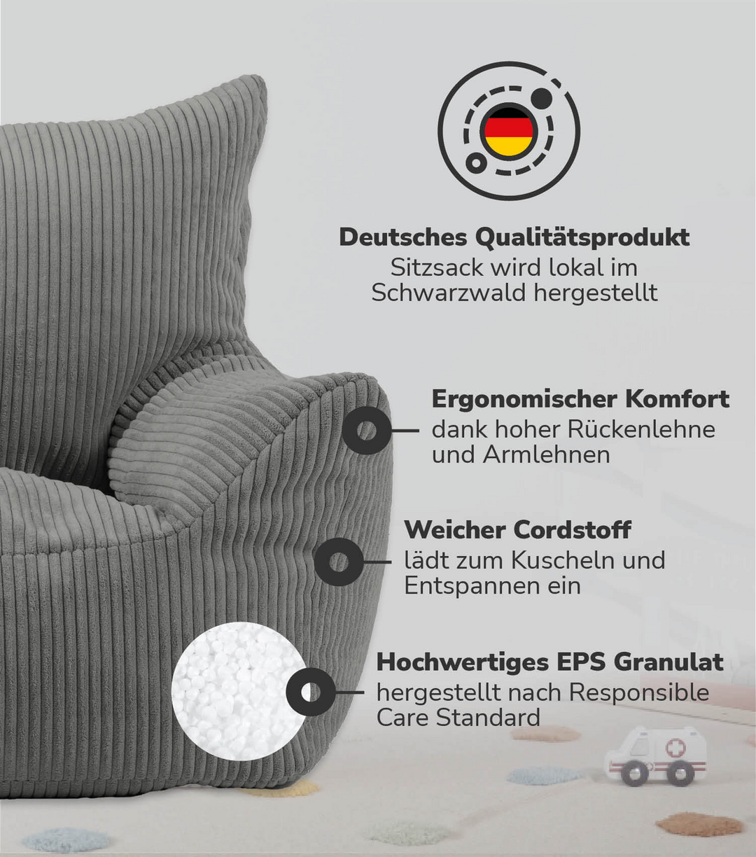mokebo Kindersessel aus Cord 'Der Pausenheld', Sitzsack Kinder, Kindersitzsack,