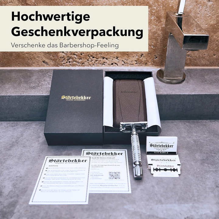 Störtebekker Rasierhobel Rasierer 10 Ersatzklingen Reiseetui Spiegel Silber B-Ware