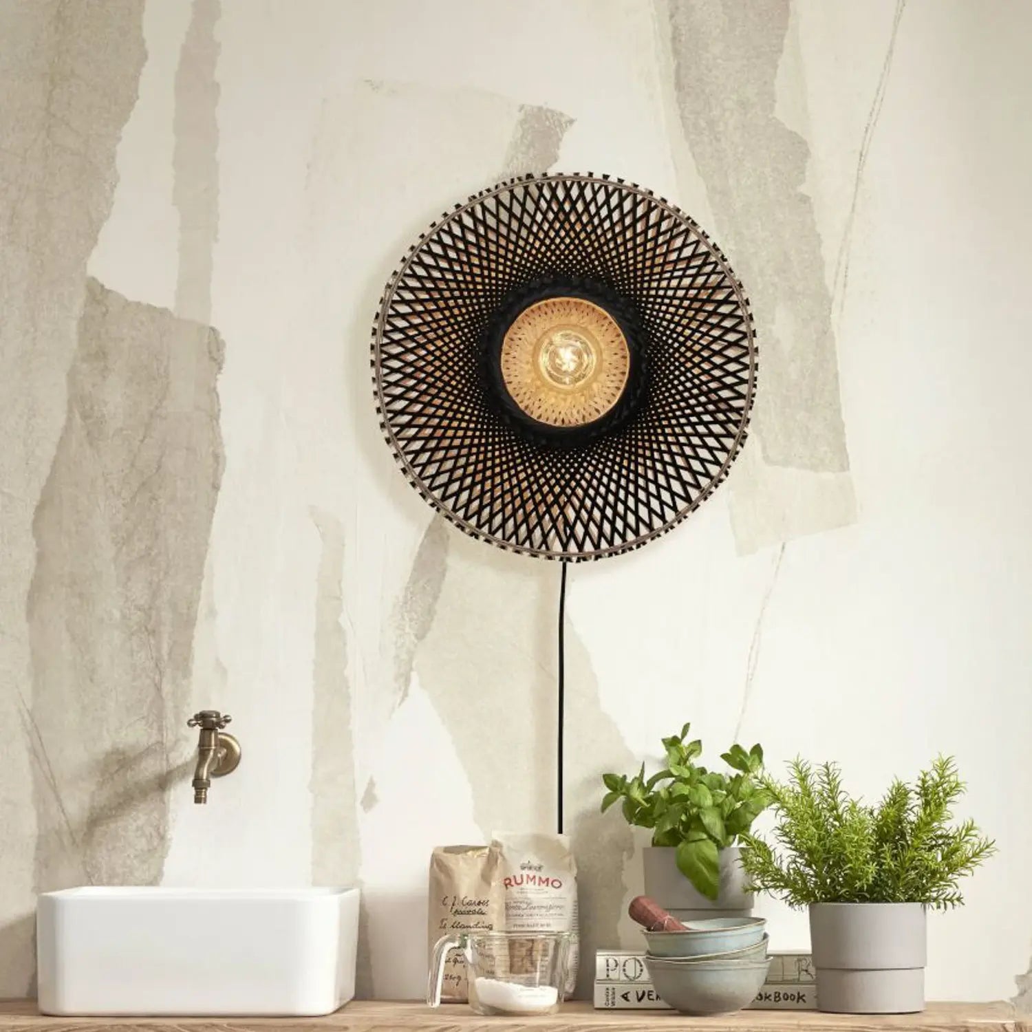 Good & Mojo Kalimantan Wandlampe Leuchte Wandleuchte Schwarz Natur ø 44cm B-Ware - 10016554
