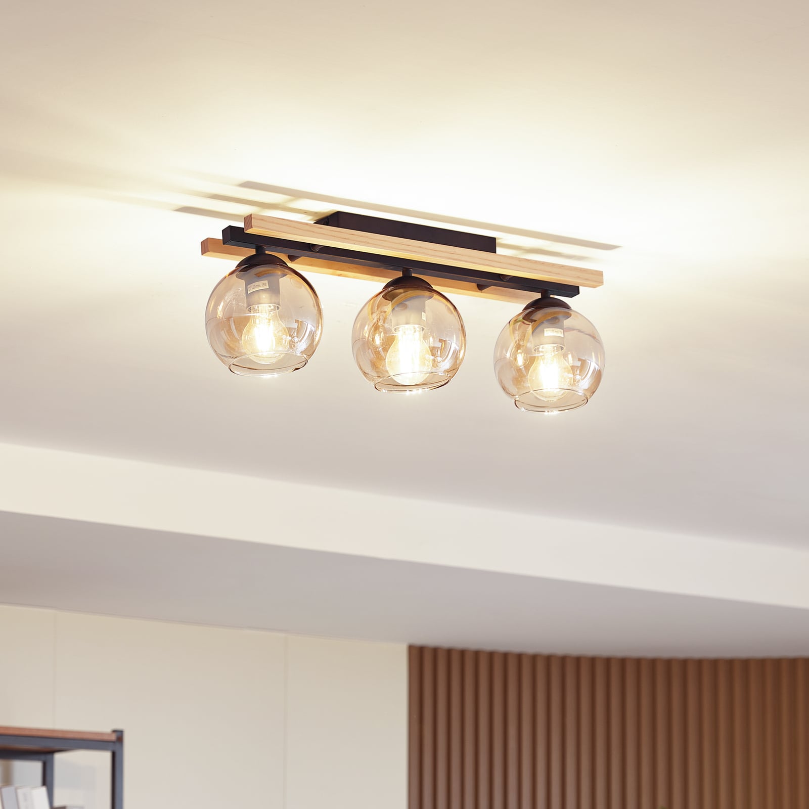 Lindby Deckenlampe Enrique LED 3-flammig Hängeleuchte Lampe amber Holz Glas - 4251911774856