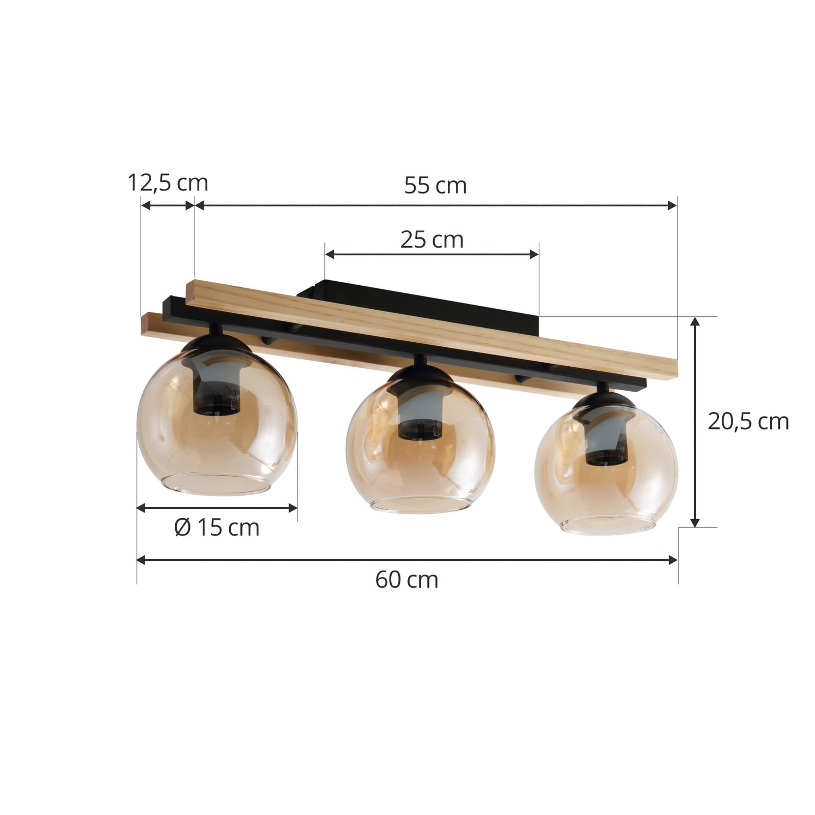 Lindby Deckenlampe Enrique LED 3-flammig Hängeleuchte Lampe amber Holz Glas - 4251911774856