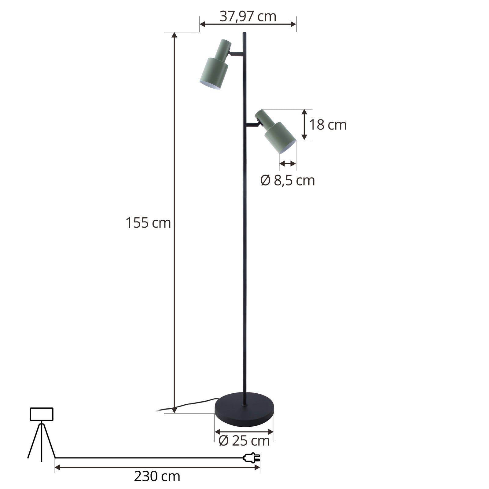 Lindby Stehleuchte Ovelia grün schwarz Metall E27 2x15W LED 155cm - 4251911774931