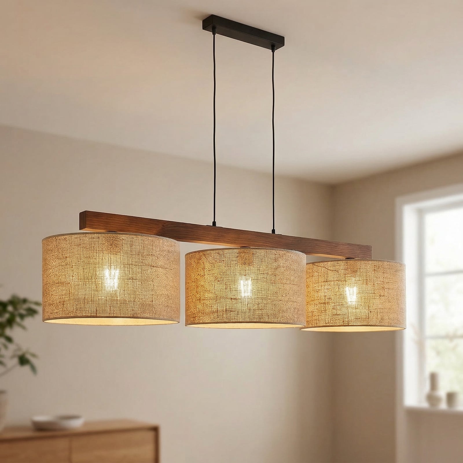 Pendelleuchte Juta dreiflammig Balken Jute Stahl Holz Made in Europe - 5901780568948