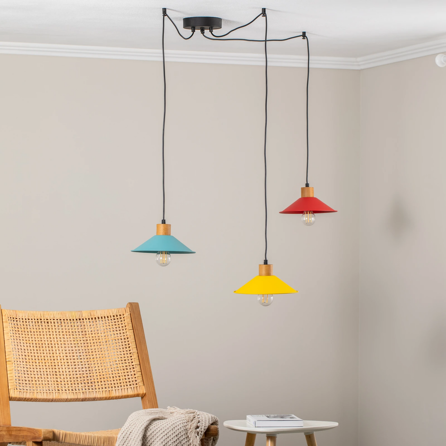 B-Ware Hängelampe Manavgat N 553 Deckenleuchte Lampe 3 Flammig Gelb Blau Rot