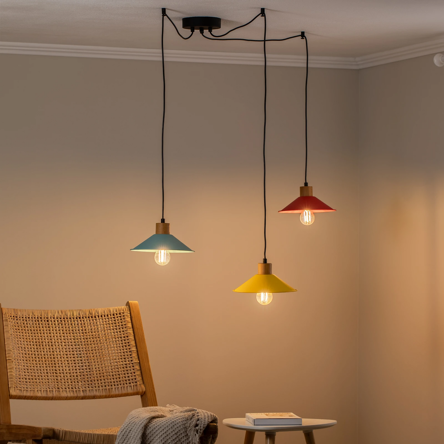 B-Ware Hängelampe Manavgat N 553 Deckenleuchte Lampe 3 Flammig Gelb Blau Rot