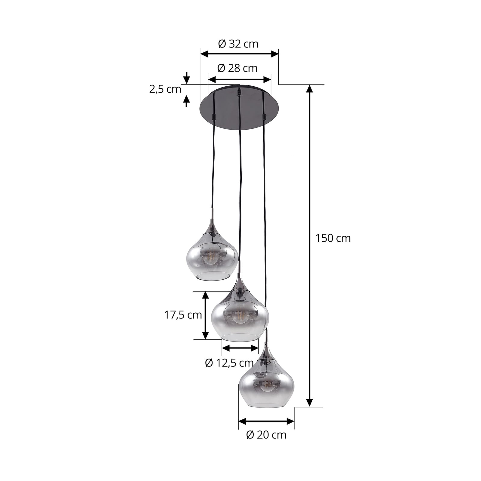Lucande Hängeleuchte Jarven 3-flammig schwarz Glas 44x44cm dimmbar - 4251911791563