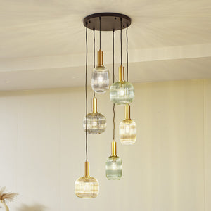 B-Ware Lindby Hängeleuchte Doroteo 6-flg grün amber grau 52 cm Dimmbar IP20