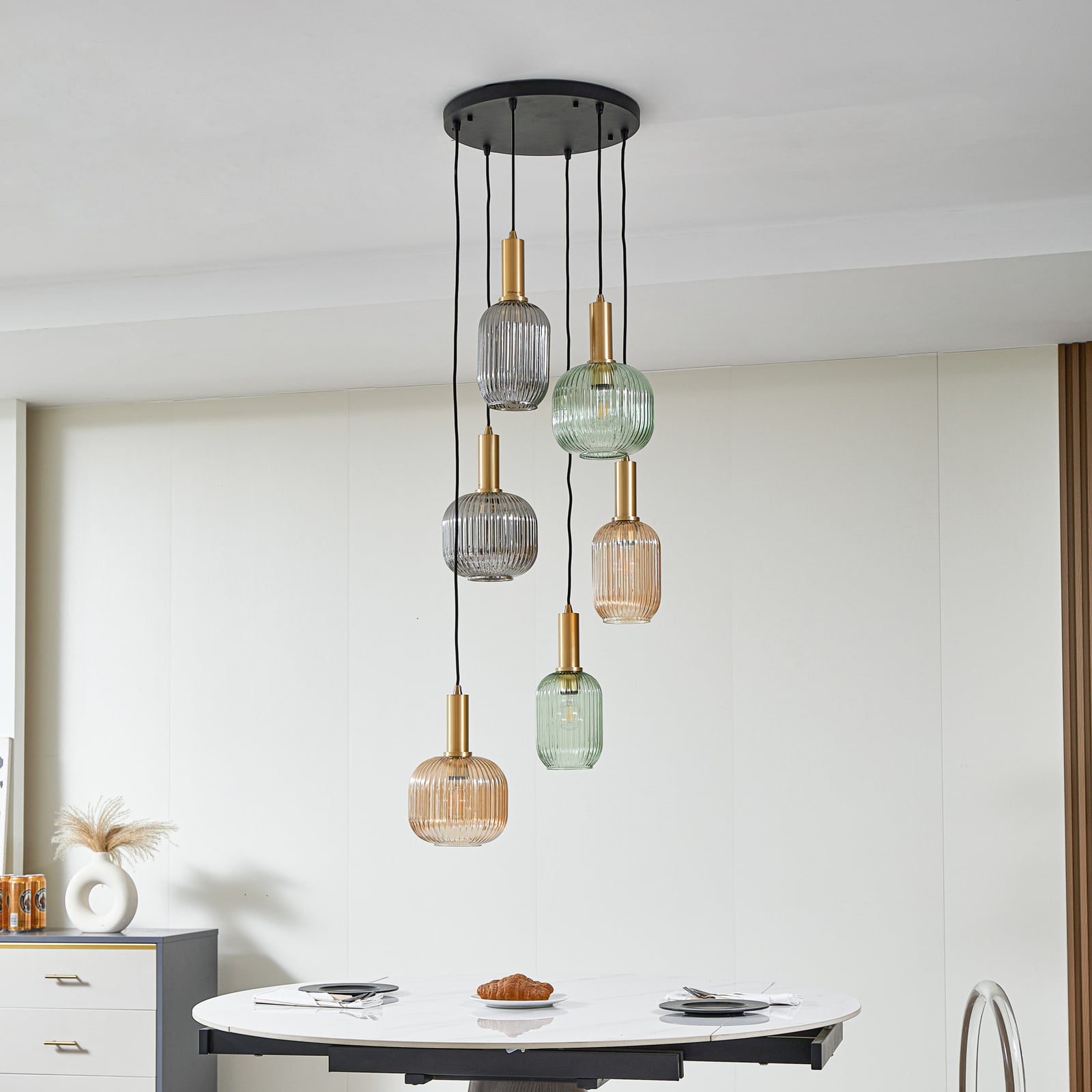Lindby Hängeleuchte Doroteo 6-flg grün amber grau 52 cm Dimmbar IP20 - 4251911793017