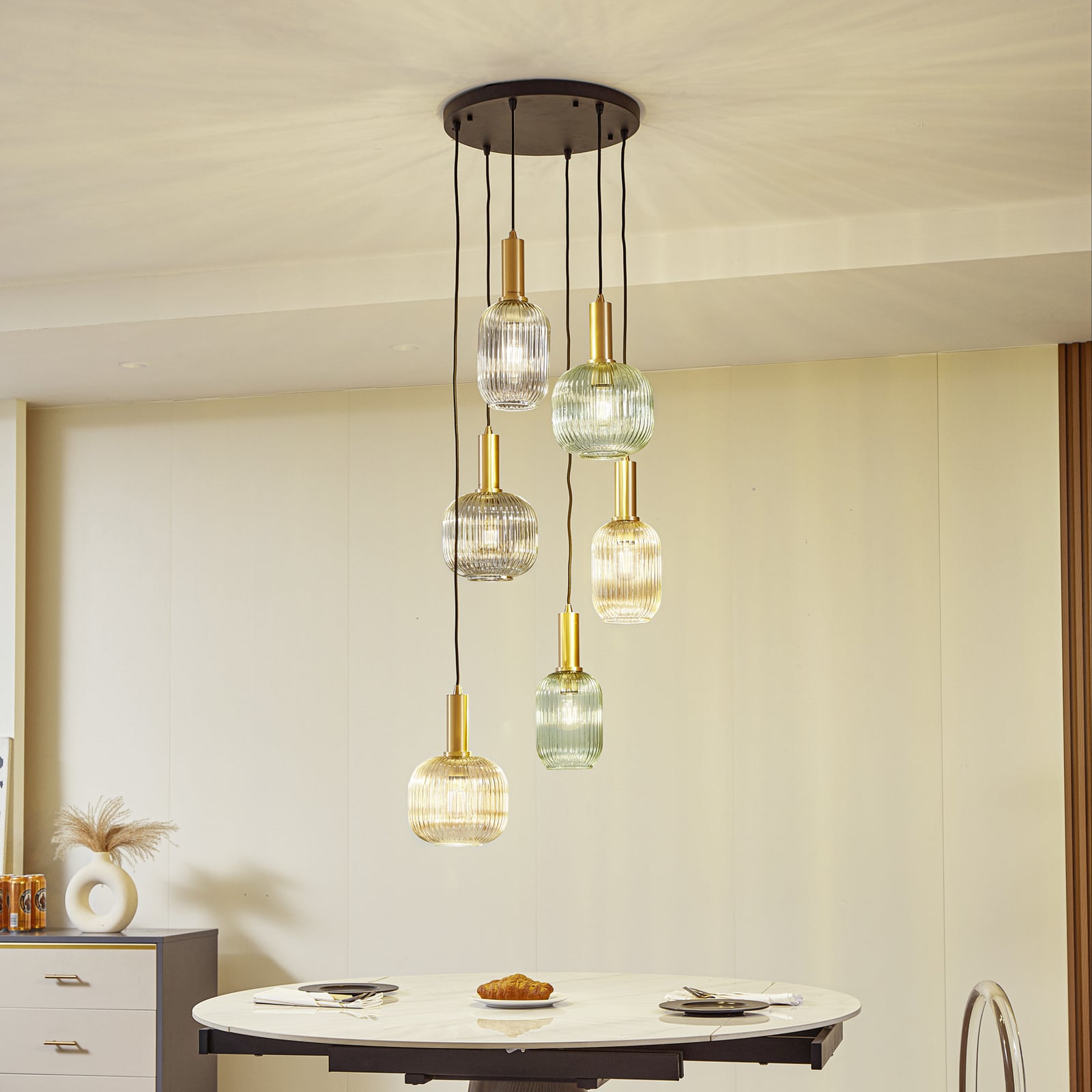 Lindby Hängeleuchte Doroteo 6-flg grün amber grau 52 cm Dimmbar IP20 - 4251911793017