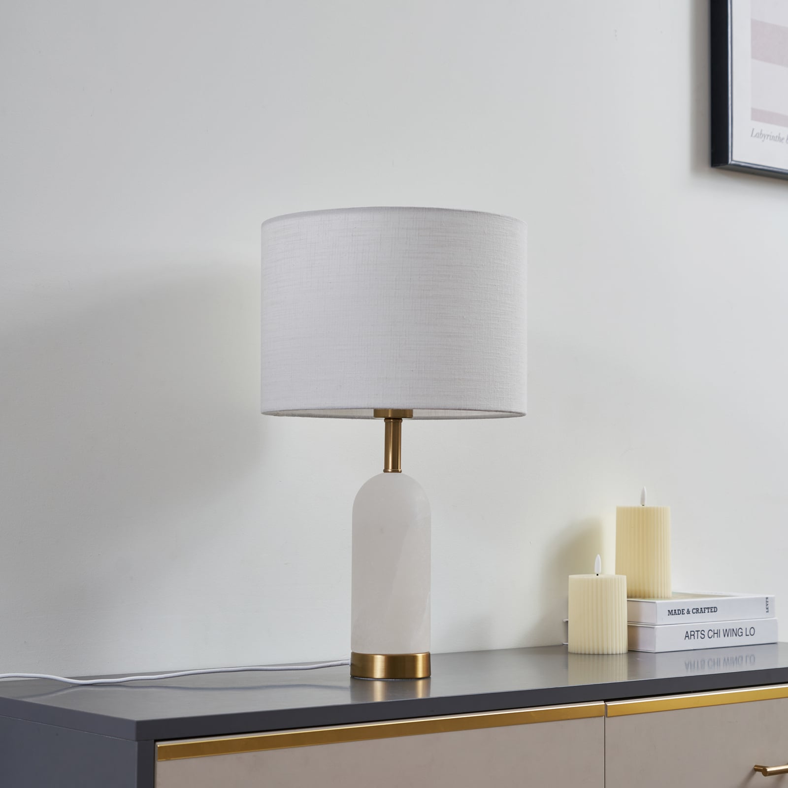 Lindby Tischlampe Alabaster Tischleuchte Tischlicht weiß/gold Ø 30 cm Marmor E27 - 4251911794922