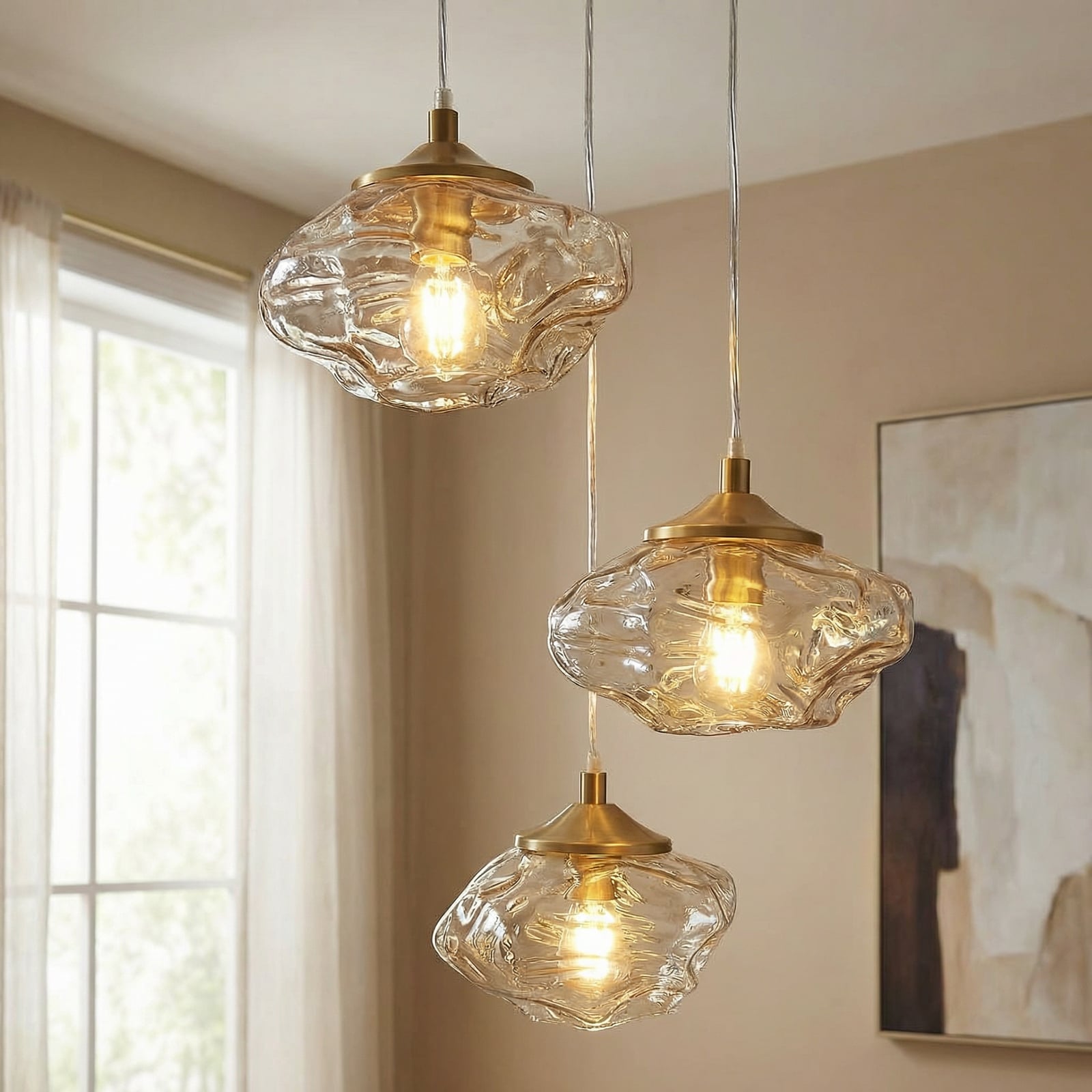 Lindby Hängelampe Piatra Hängeleuchte Deckenlampe Ø25cm 3-flg amber/messing Glas - 4251911796520