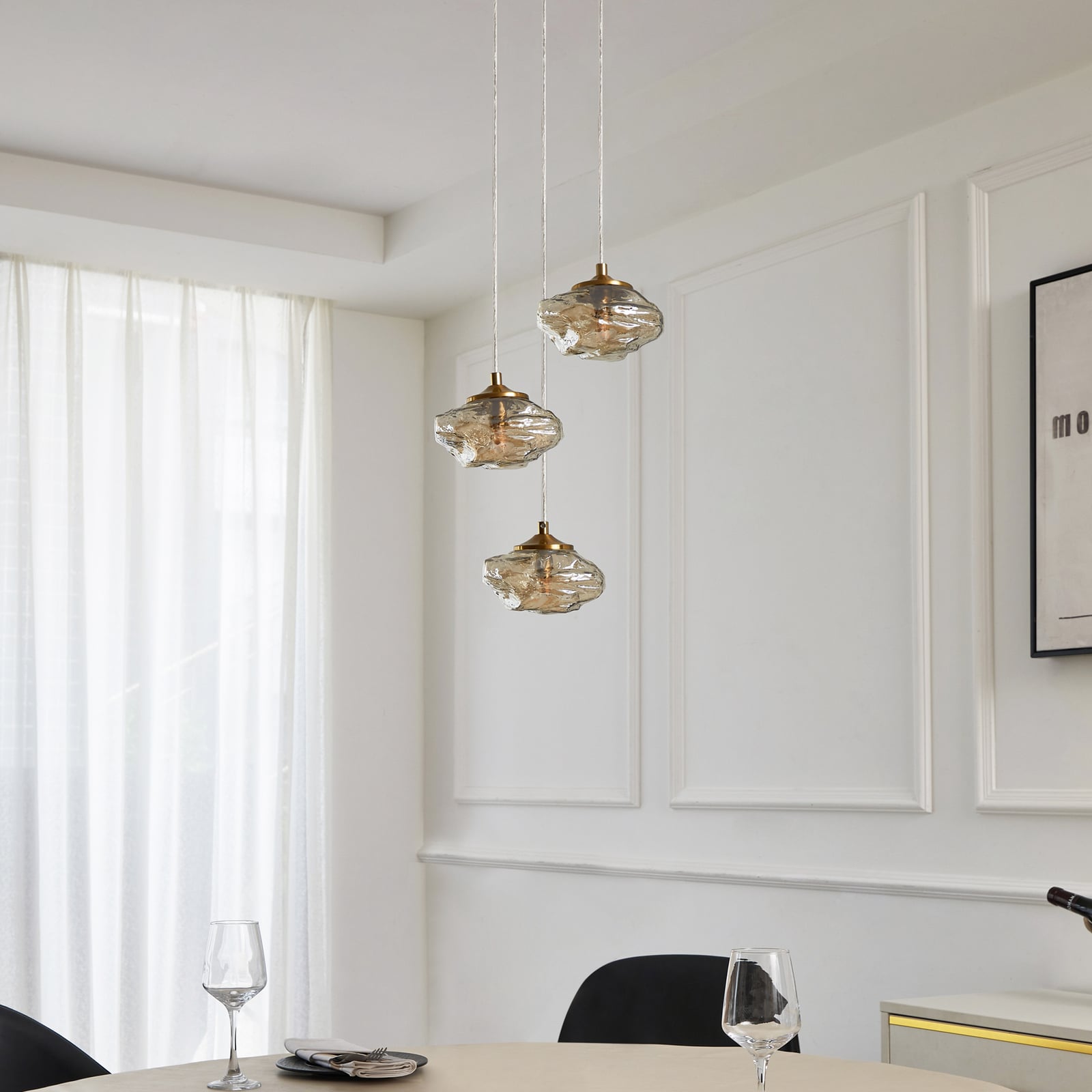 Lindby Hängelampe Piatra Hängeleuchte Deckenlampe Ø25cm 3-flg amber/messing Glas - 4251911796520
