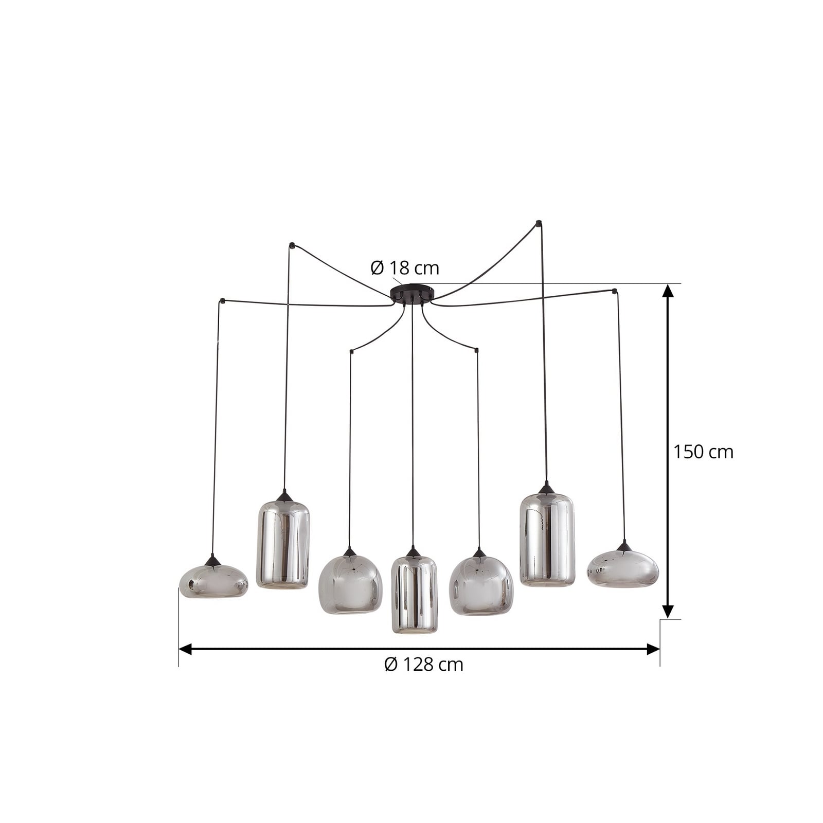 Lindby Hängeleuchte Marla 7-flammig Glas rauchgrau 128cm dimmbar E27 - 4251911797121