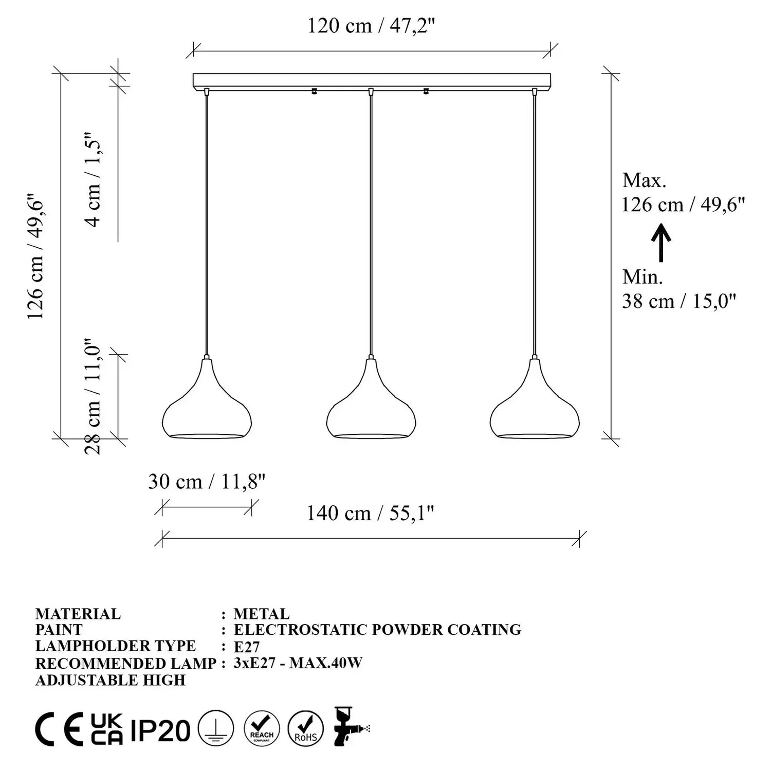 B-Ware Opviq Hängeleuchte Pendelleuchte Muba Schwarz Metall Länge 120 Cm E27 Dimmbar - 10044504