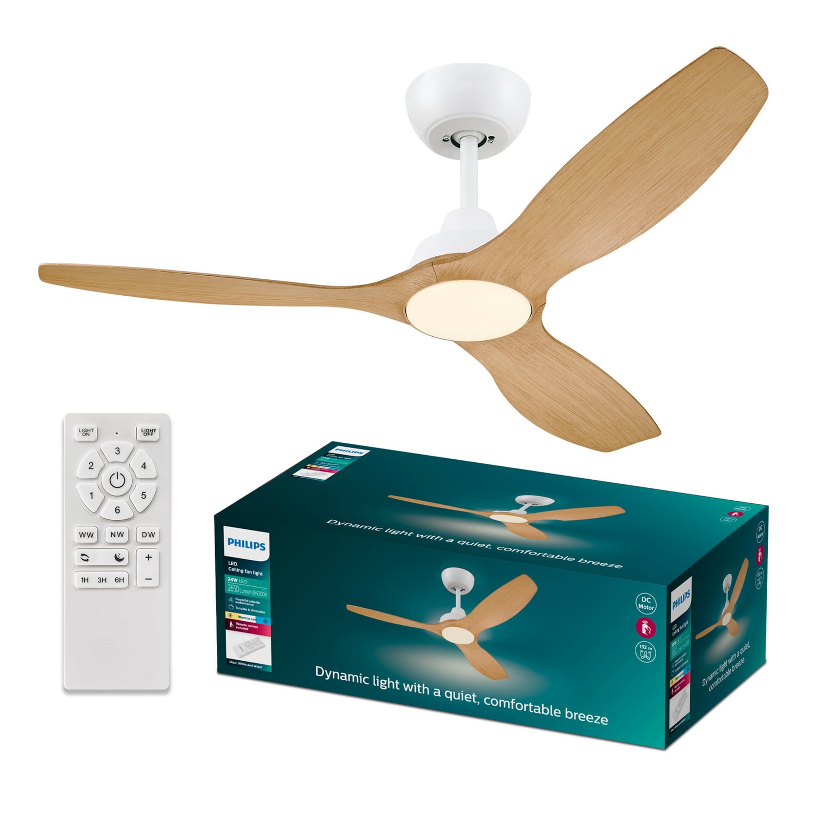 Olas Deckenventilatorleuchte 52' 35W 3 Flügel Fernbedienung dimmbar Braun Weiß - 8720169369993