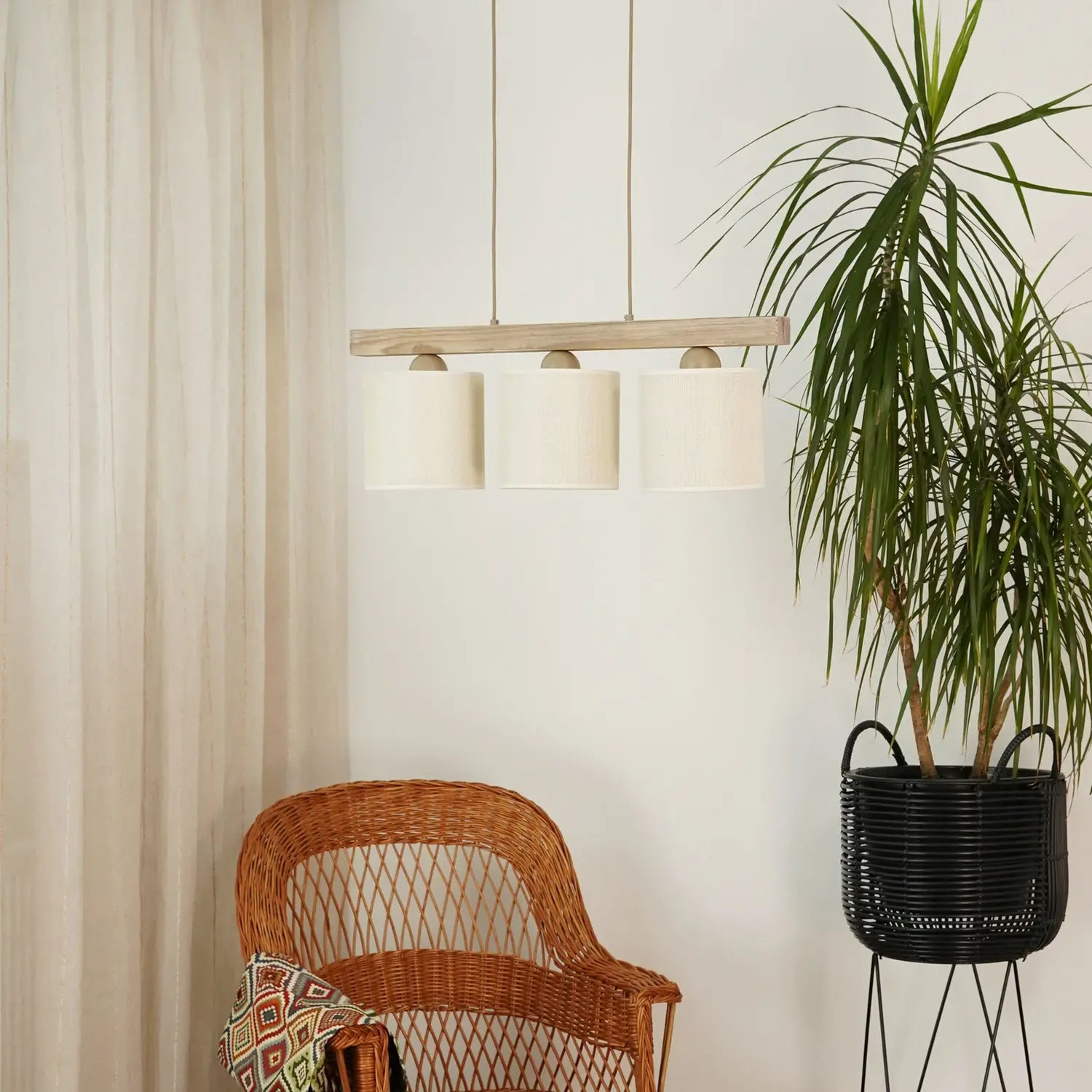 B-Ware Duolla Hängeleuchte Pendelleuchte Lampe Forest Holz Jute Weiß 3 Flg Wohnzimmer - 10044851