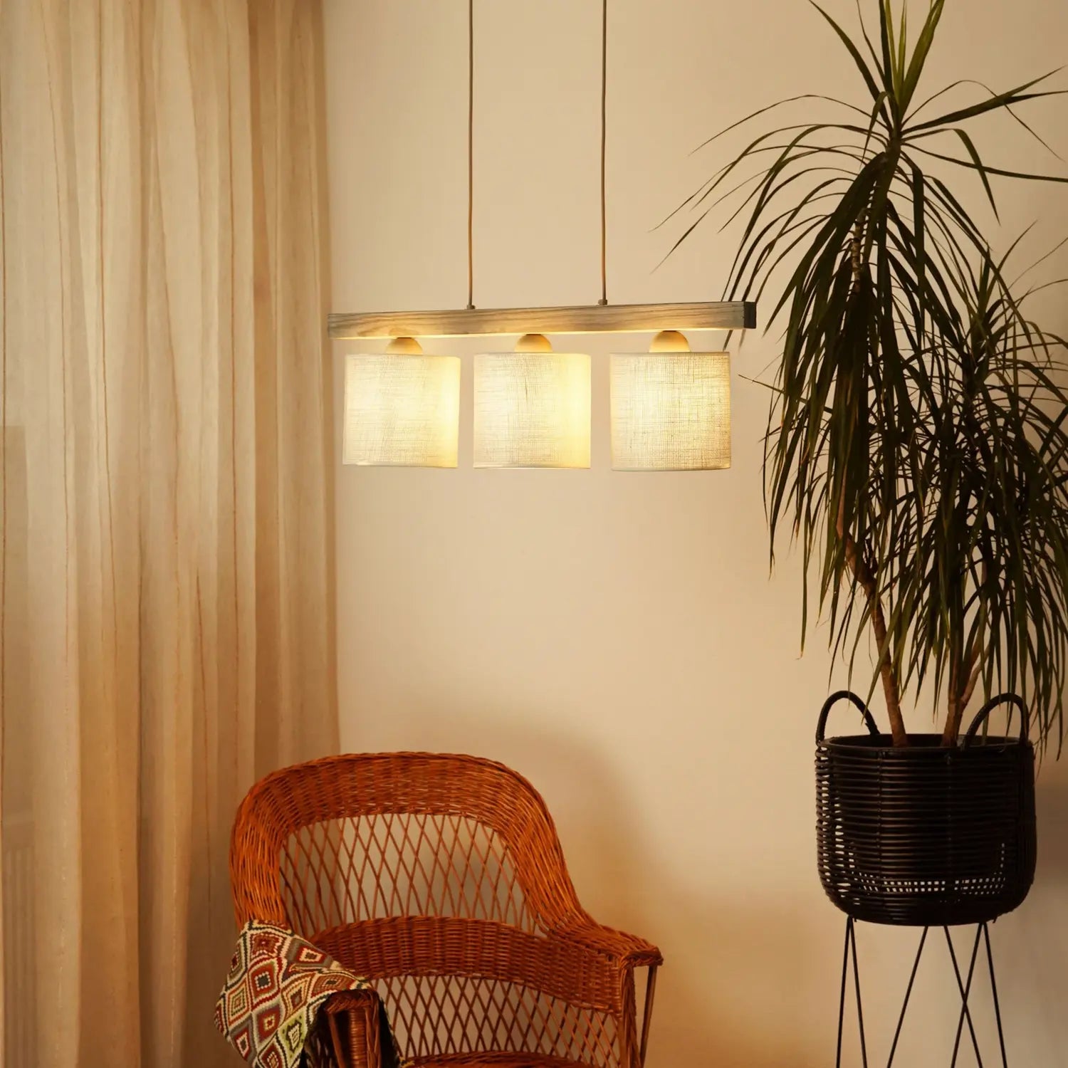 B-Ware Duolla Hängeleuchte Pendelleuchte Lampe Forest Holz Jute Weiß 3 Flg Wohnzimmer - 10044851