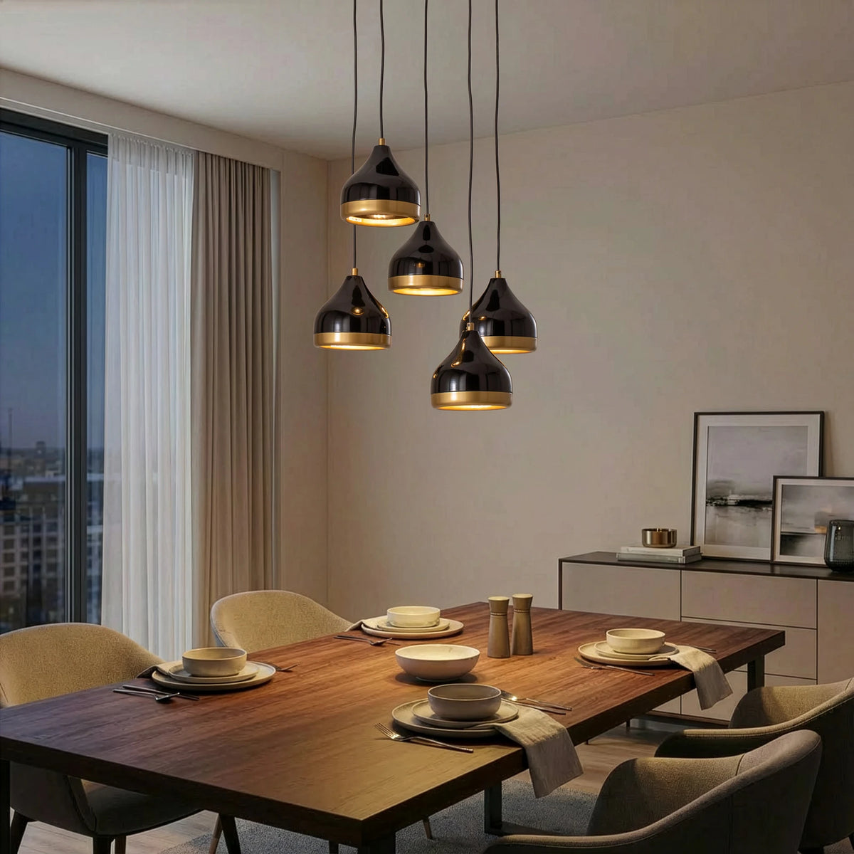 Hängeleuchte Yildo Pendelleuchte Rondell schwarz gold Metall 5-flammig E27 LED - 10045945