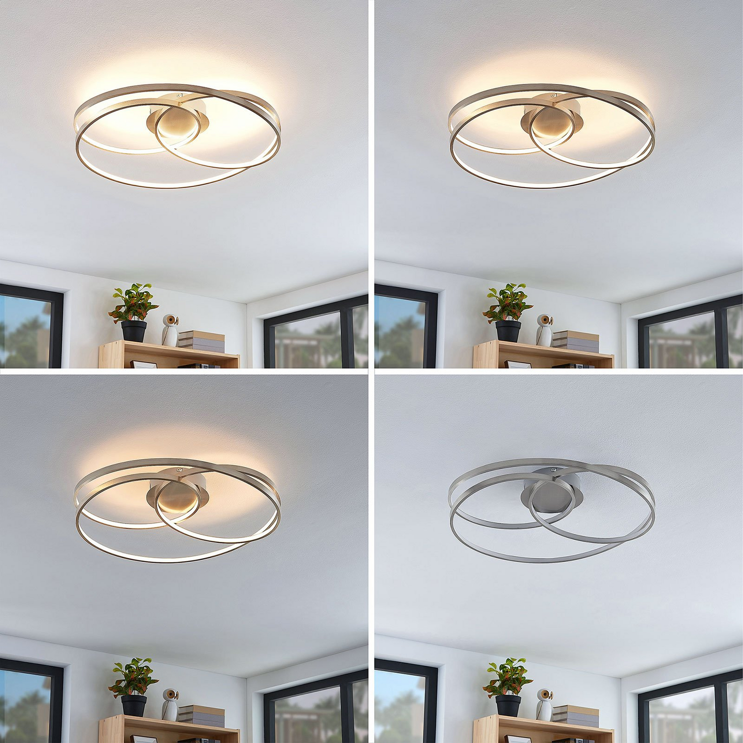 Plafonnier LED Lindby Ronka de qualité B, lampe de salon, finition nickel