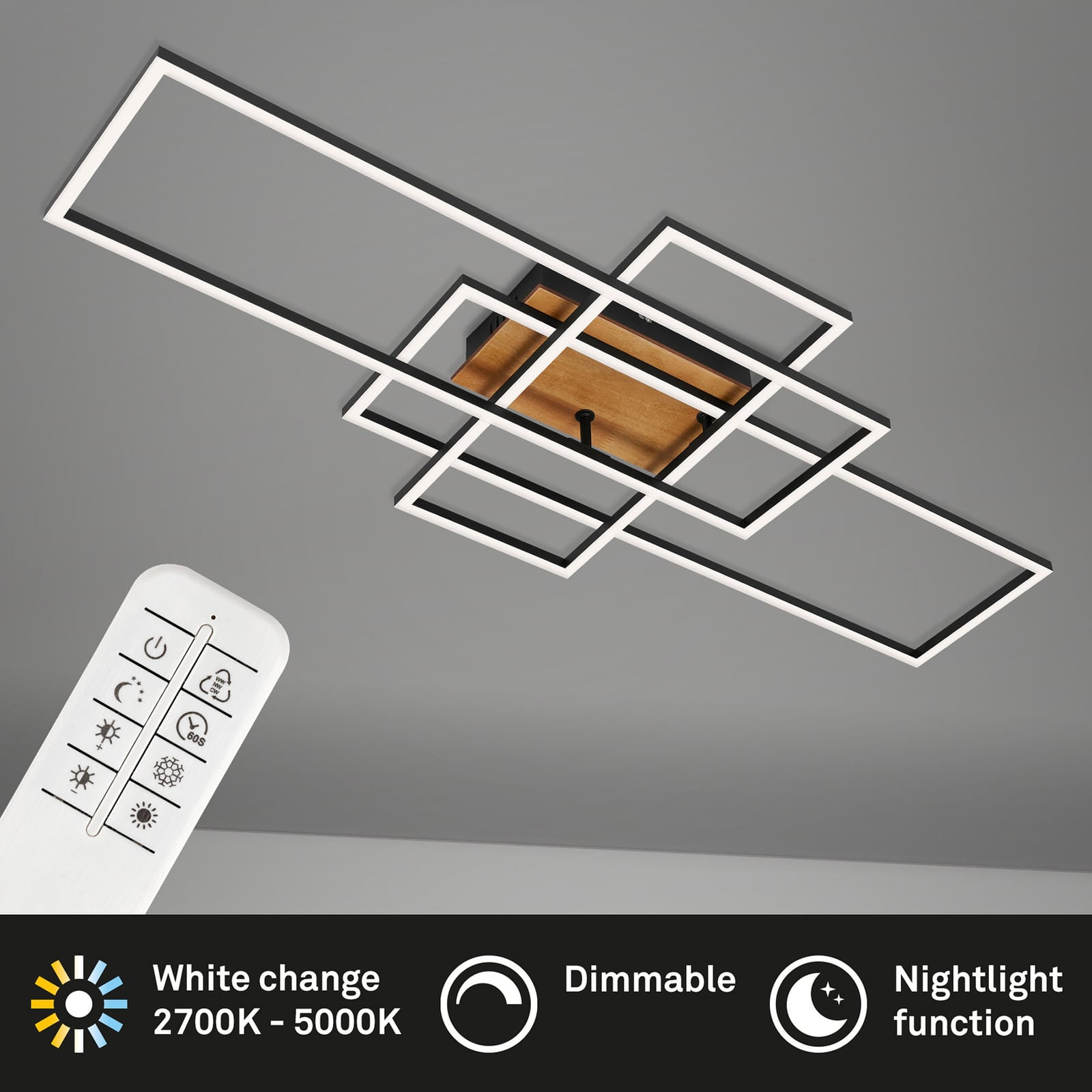 Briloner Deckenlampe Frame CCT LED Leuchte dimmbar schwarz holz 104x42cm - 4002707388456