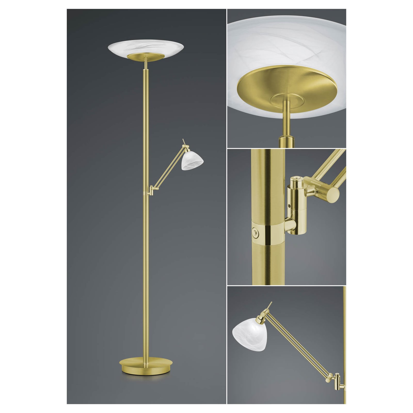 HELL LED Stehleuchte Findus 2-flammig dimmbar messing matt Edelstahl Alabaster - 4045542227009