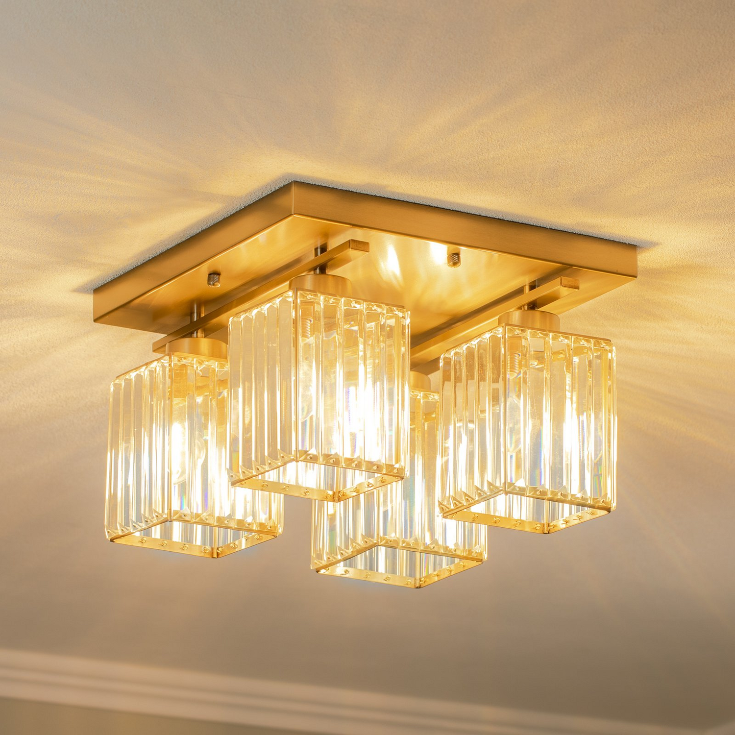 B-Ware Deckenlampe Leuchte Antikgold Eisen Kristallglas Beleuchtung Quadrat Lampe Spot