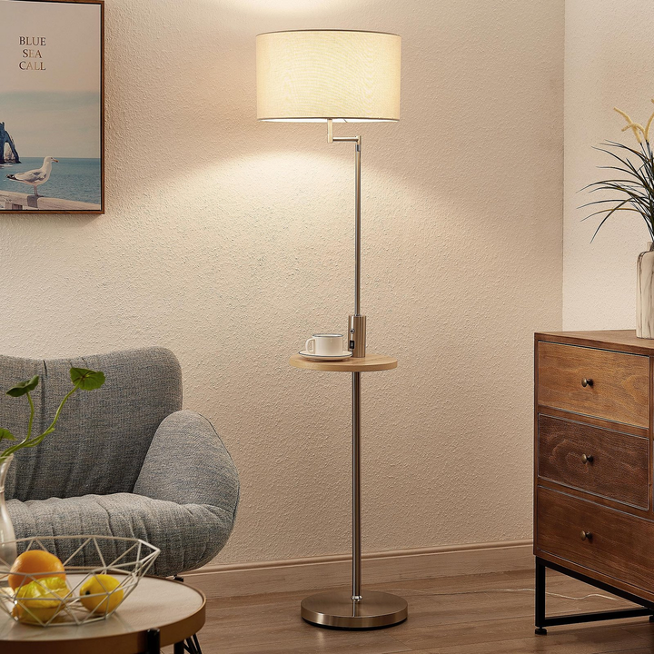 Lindby Zinia Stehlampe mit Ablage und USB nickel Standleuchte Stehleuchte E27