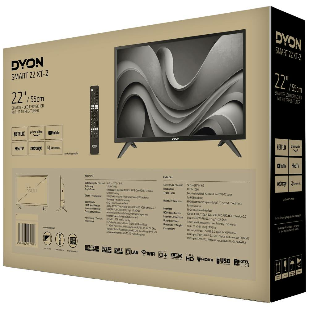 Téléviseur LED Dyon Smart 22 XT-2, Smart TV, 55 cm (22 pouces), Classe énergétique E, Full HD, LED