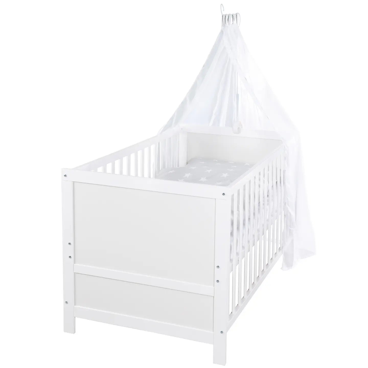 B-Ware Roba Komplettbettset Kinderbett Babybett Sterne Weiß Grau Matratze Kissen Himmel - 2000588651807