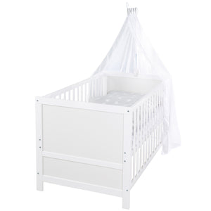 B-Ware roba Komplettbettset Kinderbett Babybett Sterne weiß grau Matratze Kissen Himmel
