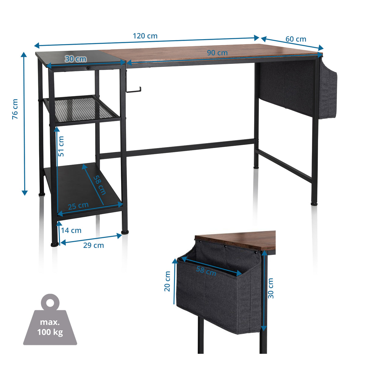 hjh OFFICE Schreibtisch Tisch WORKSPACE 120x60 cm Seitenregal schwarz braun - 4064323013648