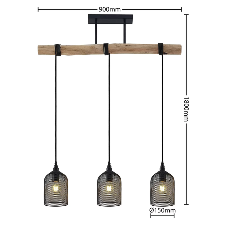 Lindby Dolcin Hängelampe Lampe schwarz Eisen Holz Netzschirm Hängelampe