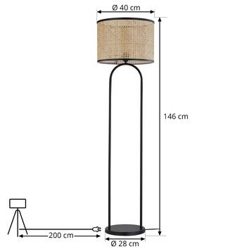 Lampadaire Lindby Yaelle, lampe sur pied, métal et rotin, hauteur 146 cm, qualité B