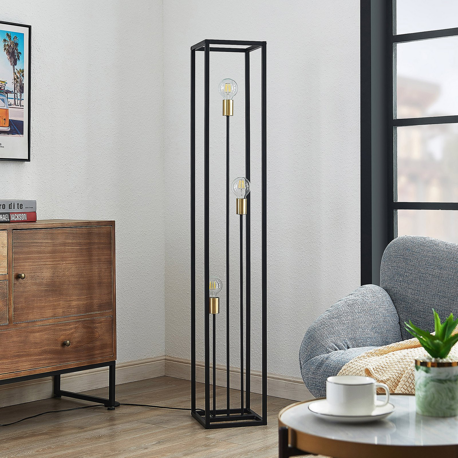 Lindby Tiliane Käfig Stehlampe Stehleuchte Lampe Leuchte 3 Flammig E27 Schwarz B-Ware - 4251911708653