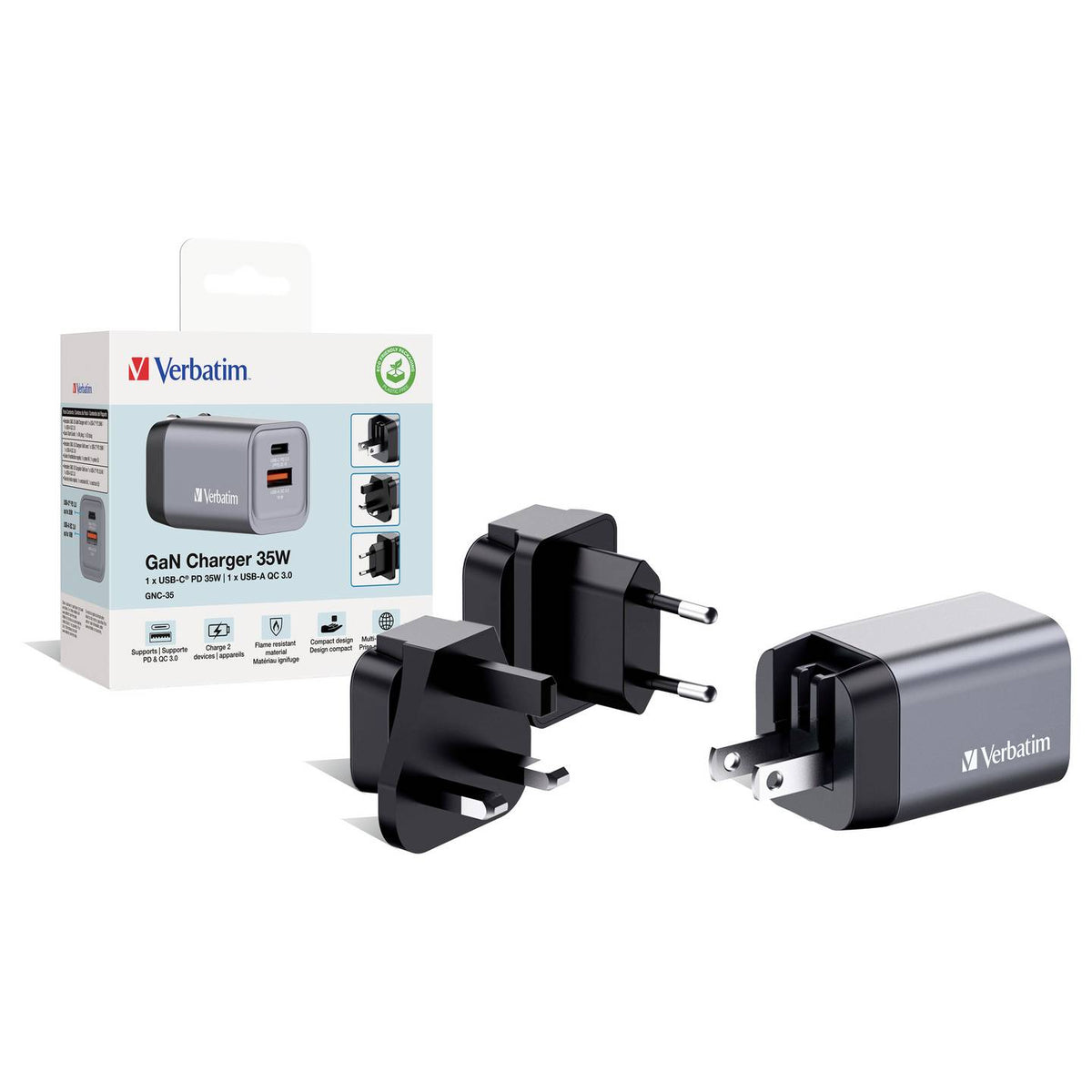 Verbatim Reiseladeadapter Ladegerät GaN USB-C USB-A Grau Smartphone Tablet - 23942322009