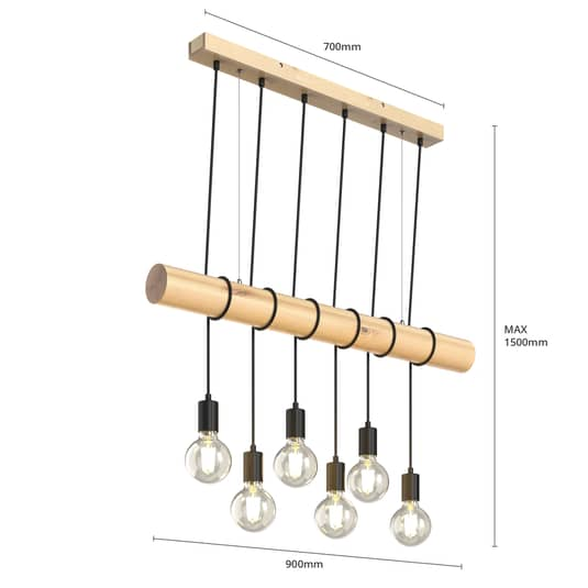 Lindby Holz-Pendelleuchte Eviton Hängelampe Deckenlampe Lampe 6-flammig natur